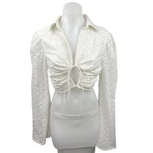 NEW NA-KD White Trumpet Long Sleeve Lace Tie V-Neck Collar Crop Top Blouse Sz 6